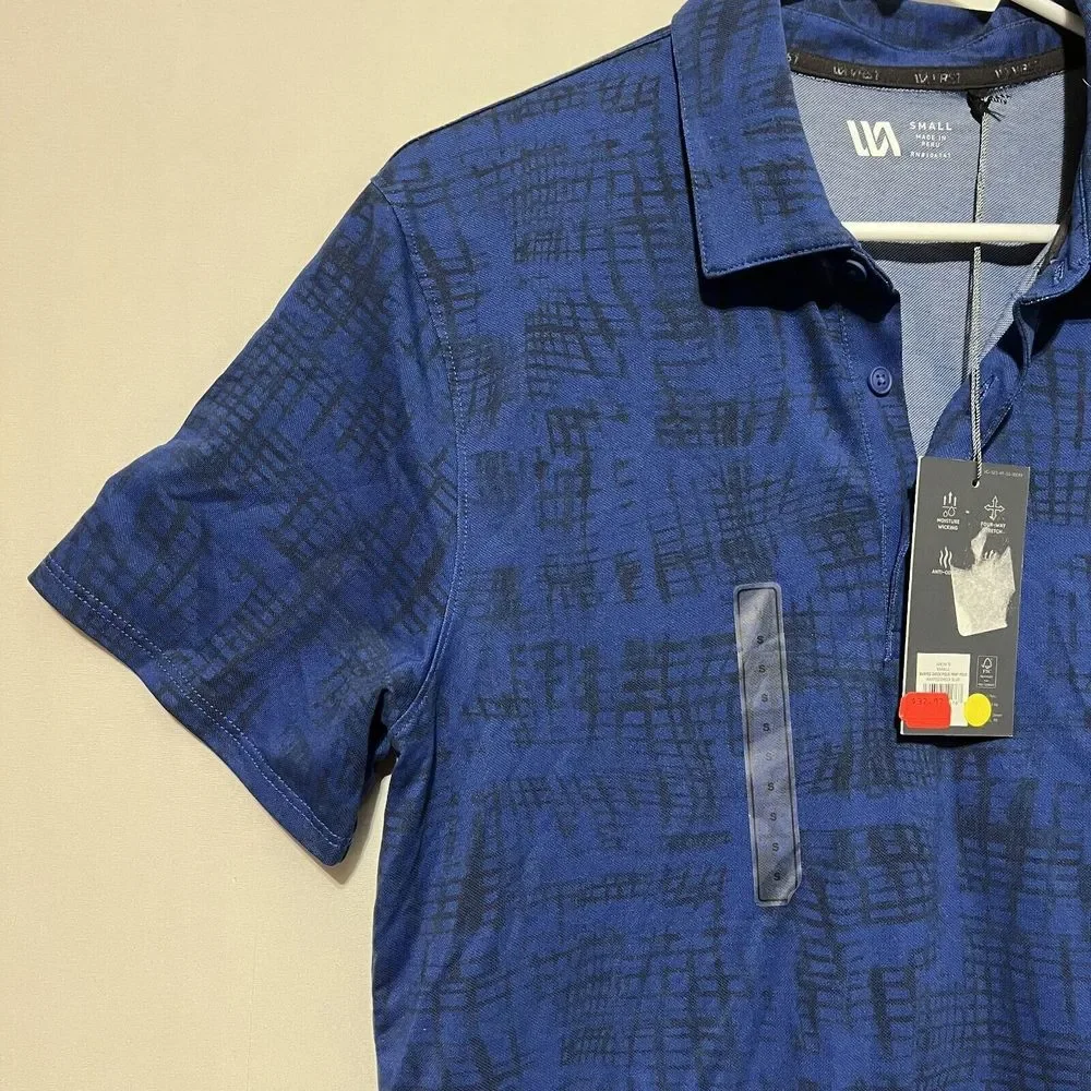 VRST Warped Check‎ Pique Polo Shirt Men's Small Navy Blue Stretch High Low Hem